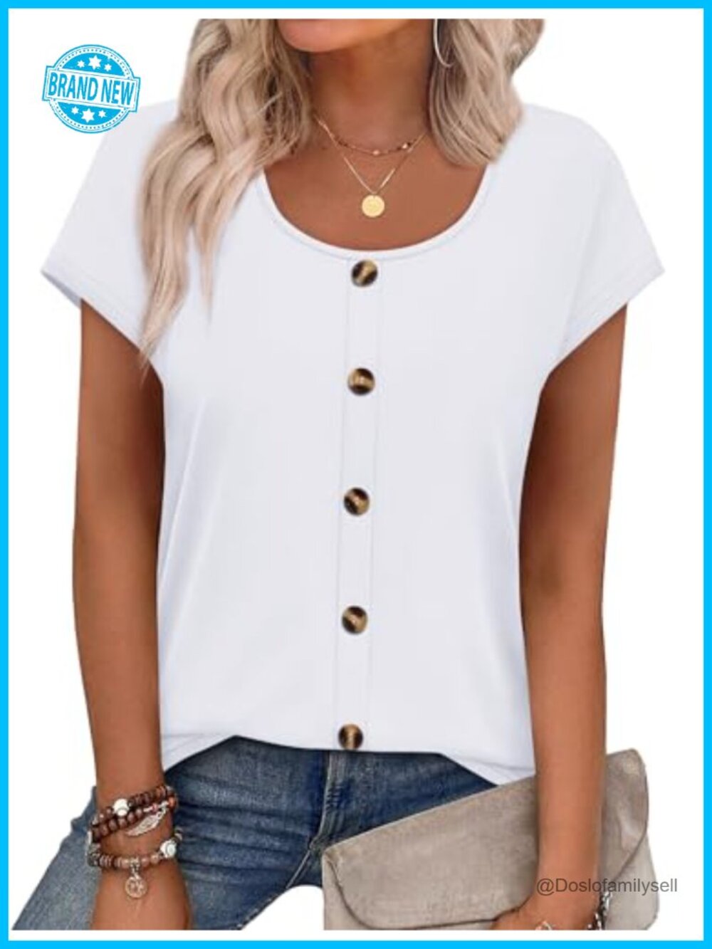 Womens Summer Top Cap Sleeve U Neck Decorative Button Blouse